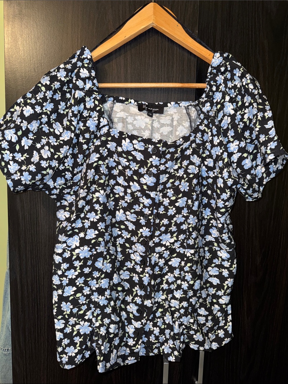 Eloquii Cute Button Up Black Top with Light Blue Floral Print🩵
